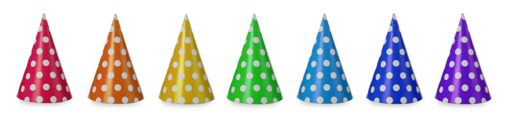 Set with different party hats on white background. Banner design