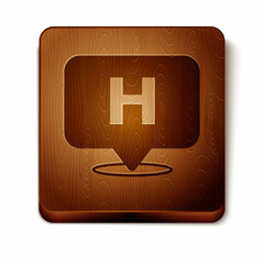Brown Medical map pointer with cross hospital icon isolated on white background. Wooden square button. Vector