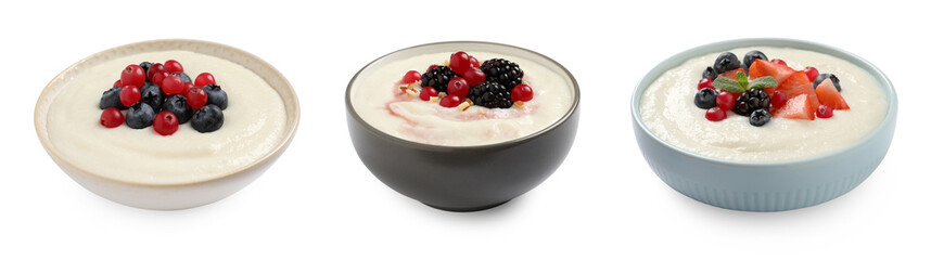 Set with delicious semolina puddings on white background. Banner design