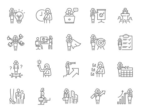 Business woman line icon set. Included icons as multitasking, communication, boss, mentor, presentation, female leader and more.