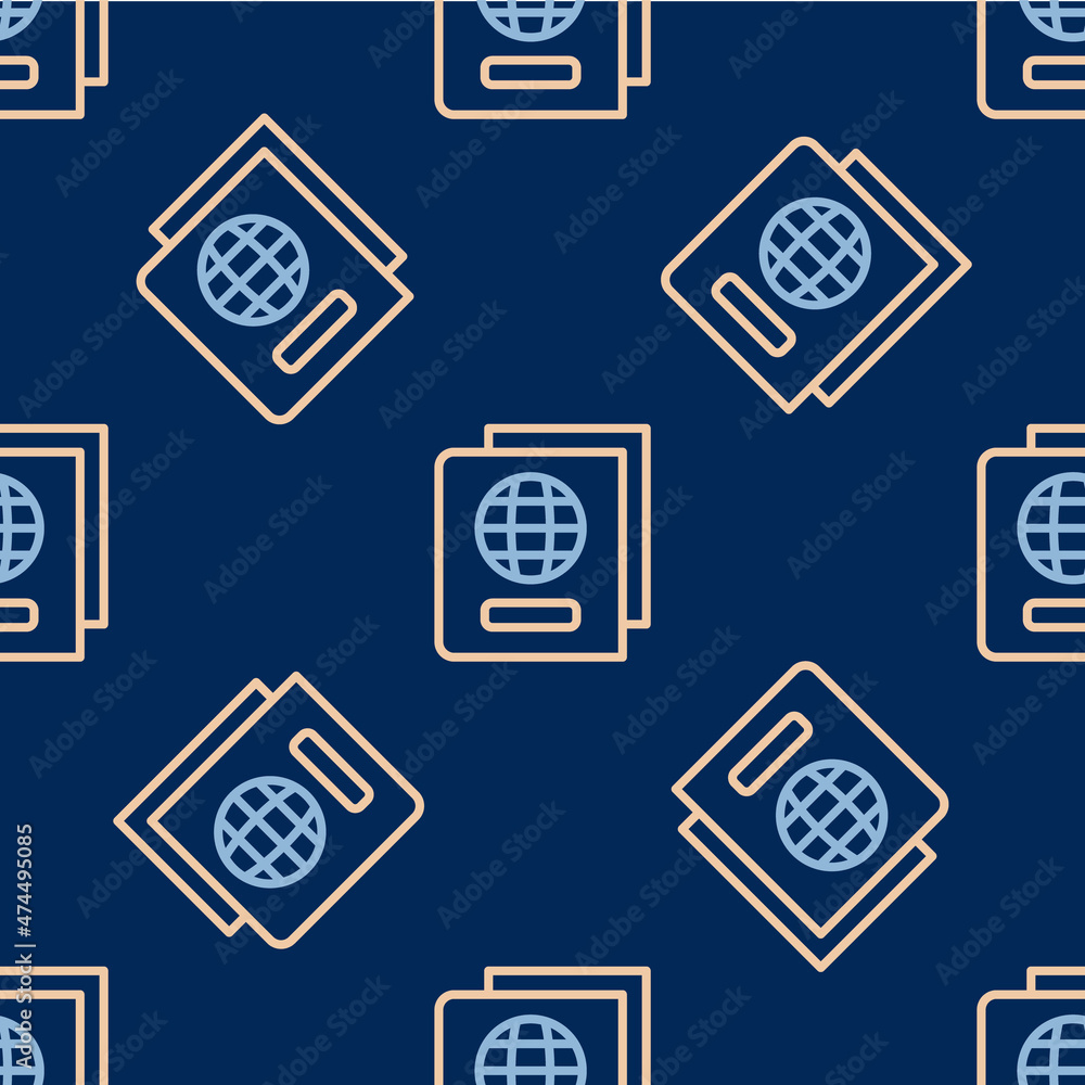 Poster line passport with biometric data icon isolated seamless pattern on blue background. identification 