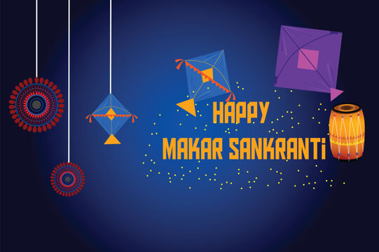 Happy makar sankranti festival, the maghi hindu festival with oriental elements color background 