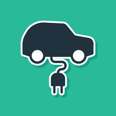 Blue Electric car and electrical cable plug charging icon isolated on green background. Renewable eco technologies. Vector