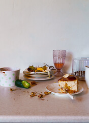 Eating disorder with dirty dishes and food leftovers illustrating gluttony or depression