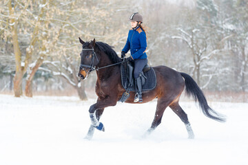 Young rider woman ejoying horse riding in winter park.