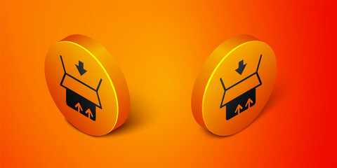 Isometric Carton cardboard box icon isolated on orange background. Box, package, parcel sign. Delivery and packaging. Orange circle button. Vector