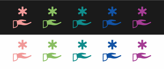 Obraz premium Set Cross hospital medical icon isolated on black and white background. First aid. Diagnostics symbol. Medicine and pharmacy sign. Vector