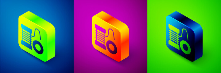 Isometric Spinning reel for fishing icon isolated on blue, purple and green background. Fishing coil. Fishing tackle. Square button. Vector