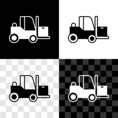 Set Forklift truck icon isolated on black and white, transparent background. Fork loader and cardboard box. Cargo delivery, shipping, transportation. Vector