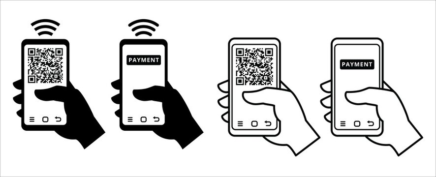QR code mobile phone scan illustration. Mobile phone account payment. Hand holding phone scanning QR code. Quick response codes vector flat line graphic design.