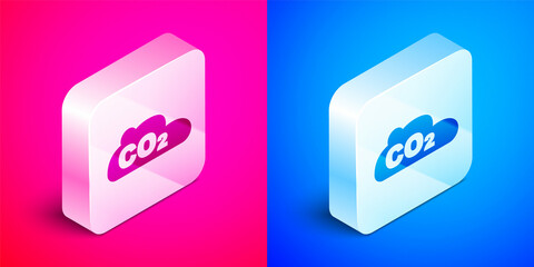 Isometric CO2 emissions in cloud icon isolated on pink and blue background. Carbon dioxide formula, smog pollution concept, environment concept. Silver square button. Vector