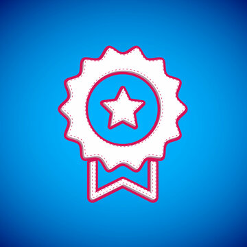 White Medal with star icon isolated on blue background. Winner achievement sign. Award medal. Vector