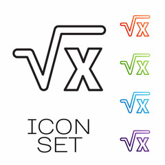 Black line Square root of x glyph icon isolated on white background. Mathematical expression. Set icons colorful. Vector