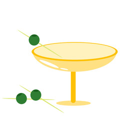 Vector illustration of a glass with martini. Drink in a glass. Skewer with olive and glass. Isolated.