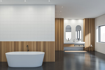 Fototapeta na wymiar Bathroom interior with bathtub, sink and mirror, concrete floor. Empty wall