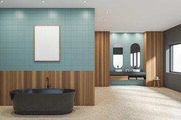 Bathroom interior with bathtub, sink and mirror, concrete floor. Mockup poster