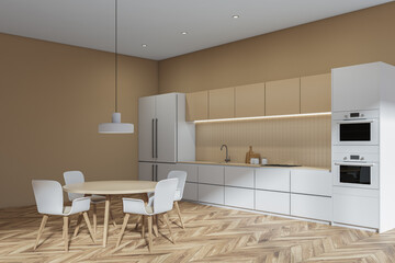 Beige kitchen interior with table and four chairs, parquet floor