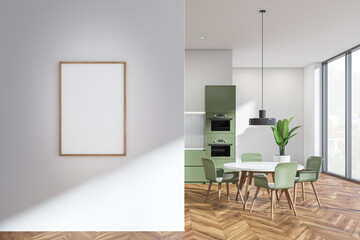 Light kitchen interior with furniture, chairs and eating table, mock up poster