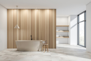 Bright bathroom interior with bathtub, wooden partition, panoramic window