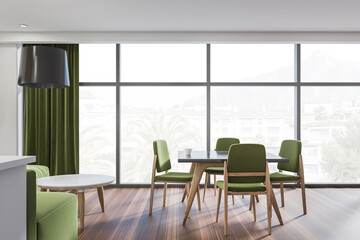 Fototapeta na wymiar Bright dining room interior with green sofa, chair, panoramic window