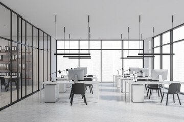 White business room interior with coworking and waiting room, city view