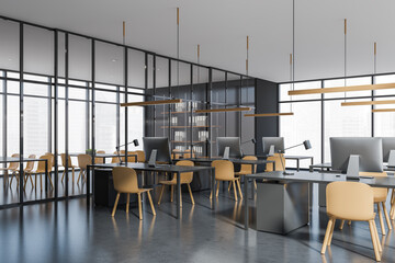 Dark business room interior with coworking and waiting room, city view