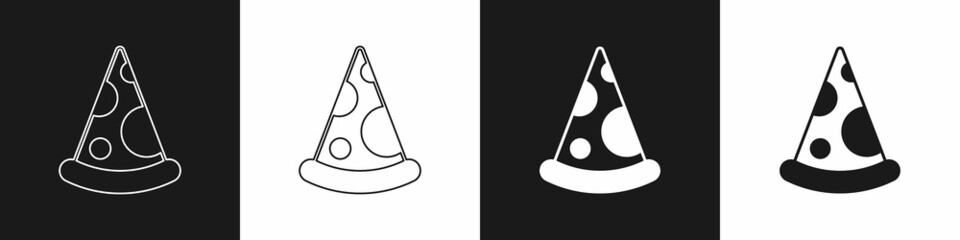 Fototapeta premium Set Slice of pizza icon isolated on black and white background. Fast food menu. Vector