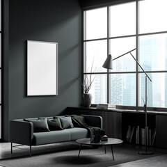Dark guest room interior with sofa and coffee table near window, mockup poster