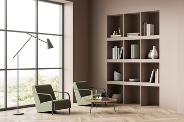Minimalist relaxing room interior with two armchairs and shelf near window