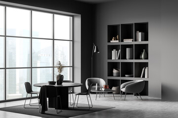 Dark guest room interior with seats and shelf, table with chairs and window