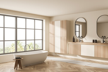 Fototapeta na wymiar Light bathroom interior with bathtub, sinks and mirror, window with countryside