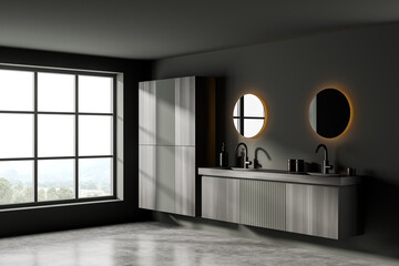 Dark bathroom interior with sinks and mirrors, wooden shelf and window