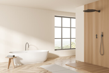 Fototapeta na wymiar Light bathroom interior with bathtub, shower and window, parquet floor. Mockup