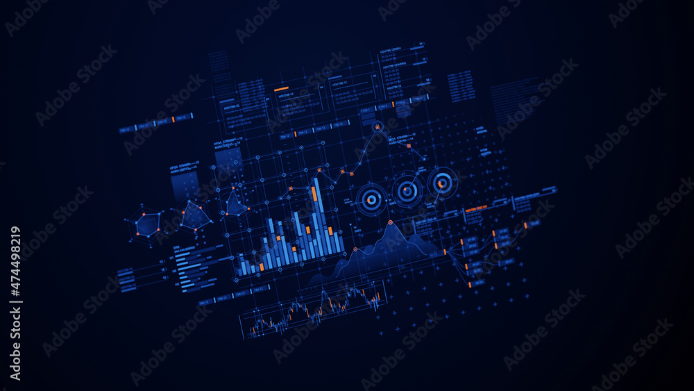 Fototapete Financial data document graph chart report statistic marketing research development  planning management strategy analysis accounting. Financial business technology hologram concept. 3d rendering.