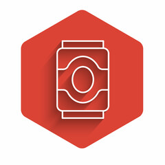 White line Soda can icon isolated with long shadow. Red hexagon button. Vector