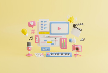 Content creator vlogger blogger influence creative media production videomaking sound live streaming camera microphone podcast social media networks studio like subscribe follow 3d rendering.