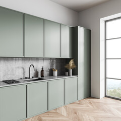 Bright kitchen room interior with panoramic window, oak wooden floor