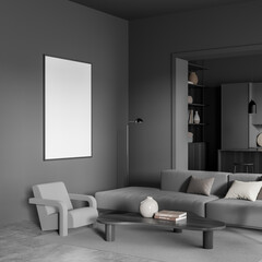 Dark living room interior with empty white poster, cozy sofa
