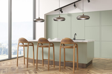 Light kitchen set interior with table and three seats, kitchenware and window