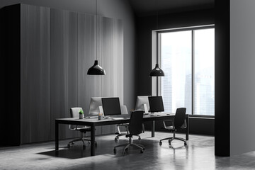 Naklejka na ściany i meble Corner view on dark office room interior with panoramic window