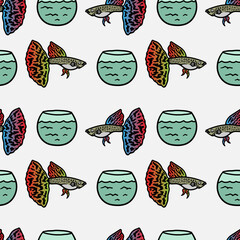 seamless pattern of guppy fish and aquarium