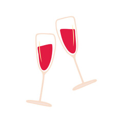 Hand drawn two glasses of red wine isolated on a white background. Doodle, illustration in a simple flat style. It can be used for decoration of textile, paper and other surfaces.