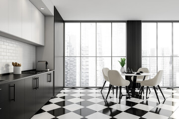 Black and white kitchen set interior with dining table and chairs, window