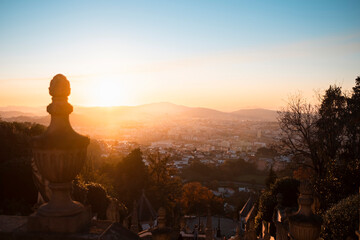 Top view of the Braga from stairway the church of Bom Jesus do Monte in amazing sunset light, Portugal.