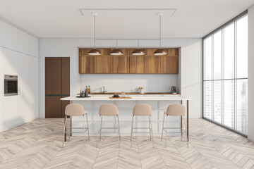 Light kitchen set interior with table and four seats, shelves and panoramic window