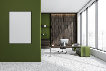 Bright office room interior with empty white poster, desktop, window