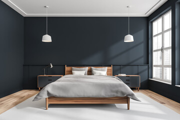 Fototapeta na wymiar Dark bedroom interior with bed on grey carpet, window with city view. Mockup