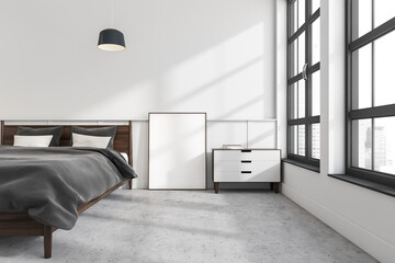 Light bedroom interior with bed, linens and window, mockup poster