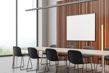 Modern panoramic meeting room with horizontal white board. Corner view.