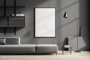 Dark living room interior with empty white poster, large sofa